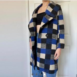 Blue checkered plaid trench coat